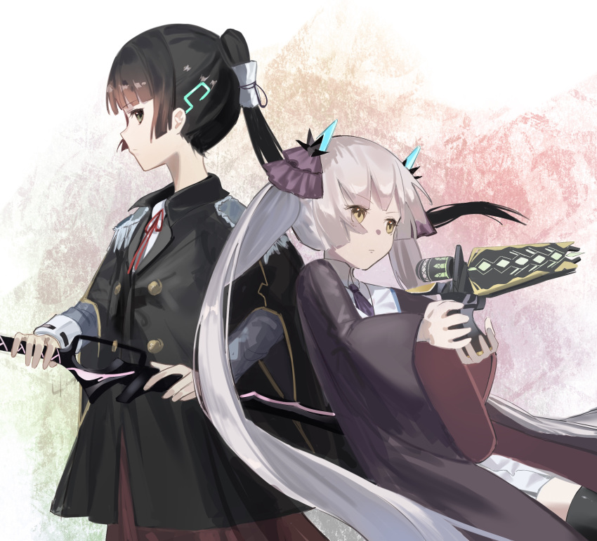 2girls, black_hair, black_robe, epaulettes, green_eyes, heaven_burns_red, highres, holding