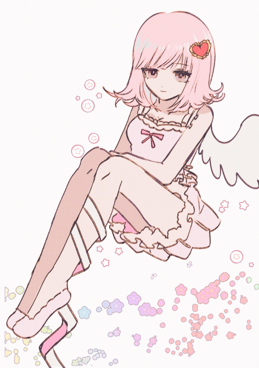 absurdres, alternate_costume, angel_wings, arm_on_knee, blunt_bangs, closed_mouth, commentary, danganronpa_(series), danganronpa_2:_goodbye_despair, dot_nose, dress, eyelashes, flower, frilled_dress, frills, gg_(dddcoco), hair_ornament, heart, heart_hair_ornament, highres, knees, leg_ribbon, looking_at_viewer, medium_hair, nanami_chiaki, pink_dress, pink_eyes, pink_footwear, pink_hair, pleated_dress, rainbow_gradient, ribbon, shoes, short_dress, simple_background, single_bare_leg, single_wing, sitting, smile, star_(symbol), white_background, white_ribbon, white_wings, wings