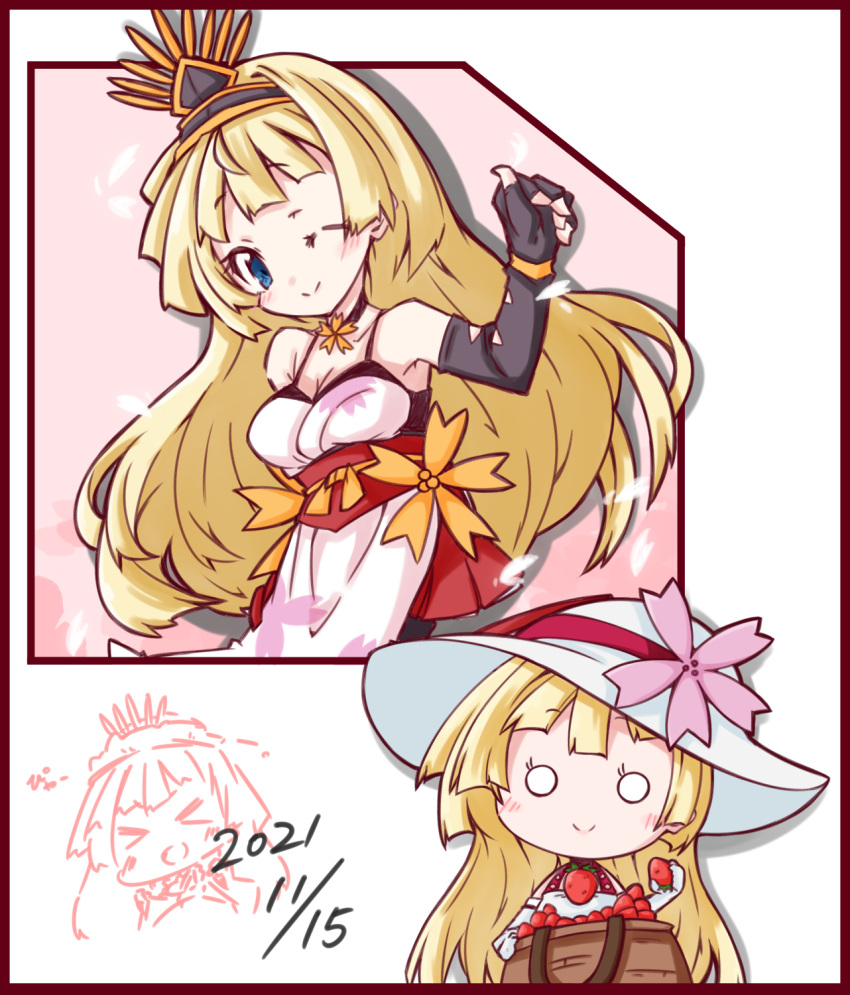 >_<, 1girl, 2021, argyle_cutout, bare_shoulders, basket, black_gloves, blonde_hair