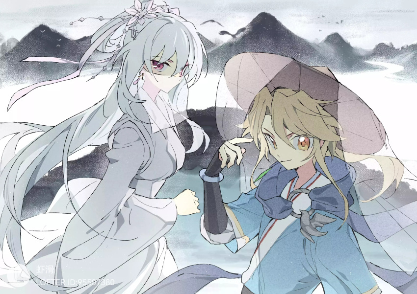 1boy, 1girl, absurdres, bird, blonde_hair, blue_scarf, blue_shirt, bracelet, chinese_clothes, chinese_commentary, closed_mouth, commission, couple, dress, floating, floating_hair, fog, from_side, grey_background, hair_floating_upwards, hair_ornament, hat, highres, honkai:_star_rail, honkai_(series), jewelry, jingliu_(honkai:_star_rail), leaf, leaf_in_mouth, light_smile, long_hair, long_sleeves, looking_at_viewer, looking_to_the_side, mountain, no_mouth, orange_eyes, outdoors, parted_bangs, ponytail, scar, scarf, see-through, see-through_veil, shirt, short_sleeves, standing, veil, violet_eyes, water, white_dress, white_hair, wide_sleeves, xia_hua, yanqing_(honkai:_star_rail)