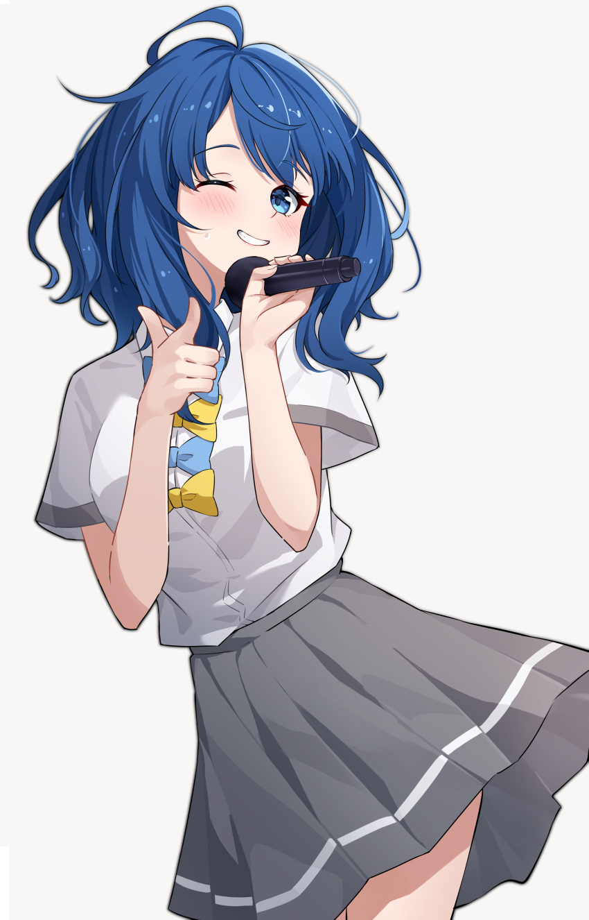 1girl, absurdres, ahoge, blue_bow, blue_bowtie, blue_eyes, blue_hair, bow