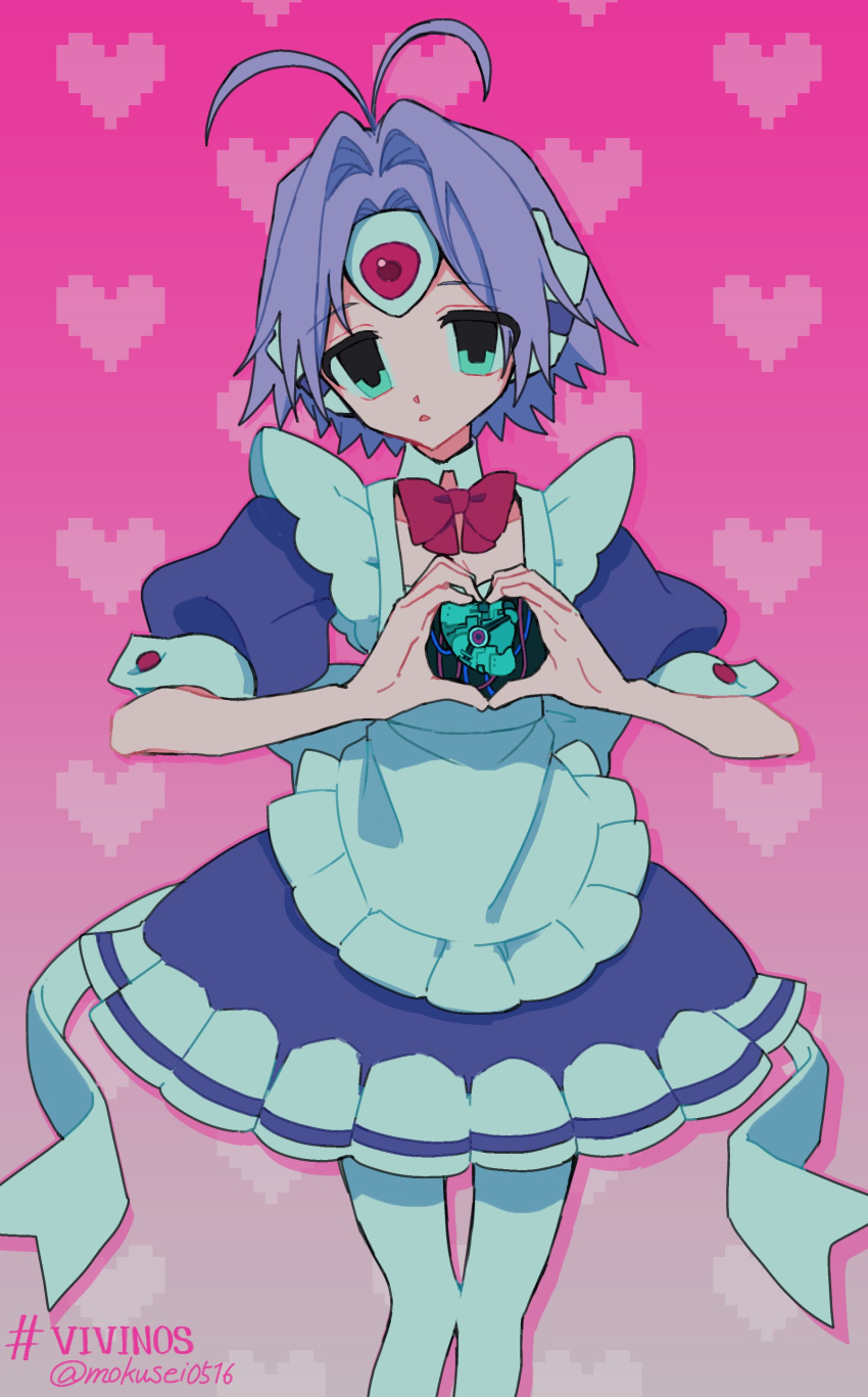 1girl, absurdres, android, antenna_hair, apron, aqua_eyes, blue_dress, bow
