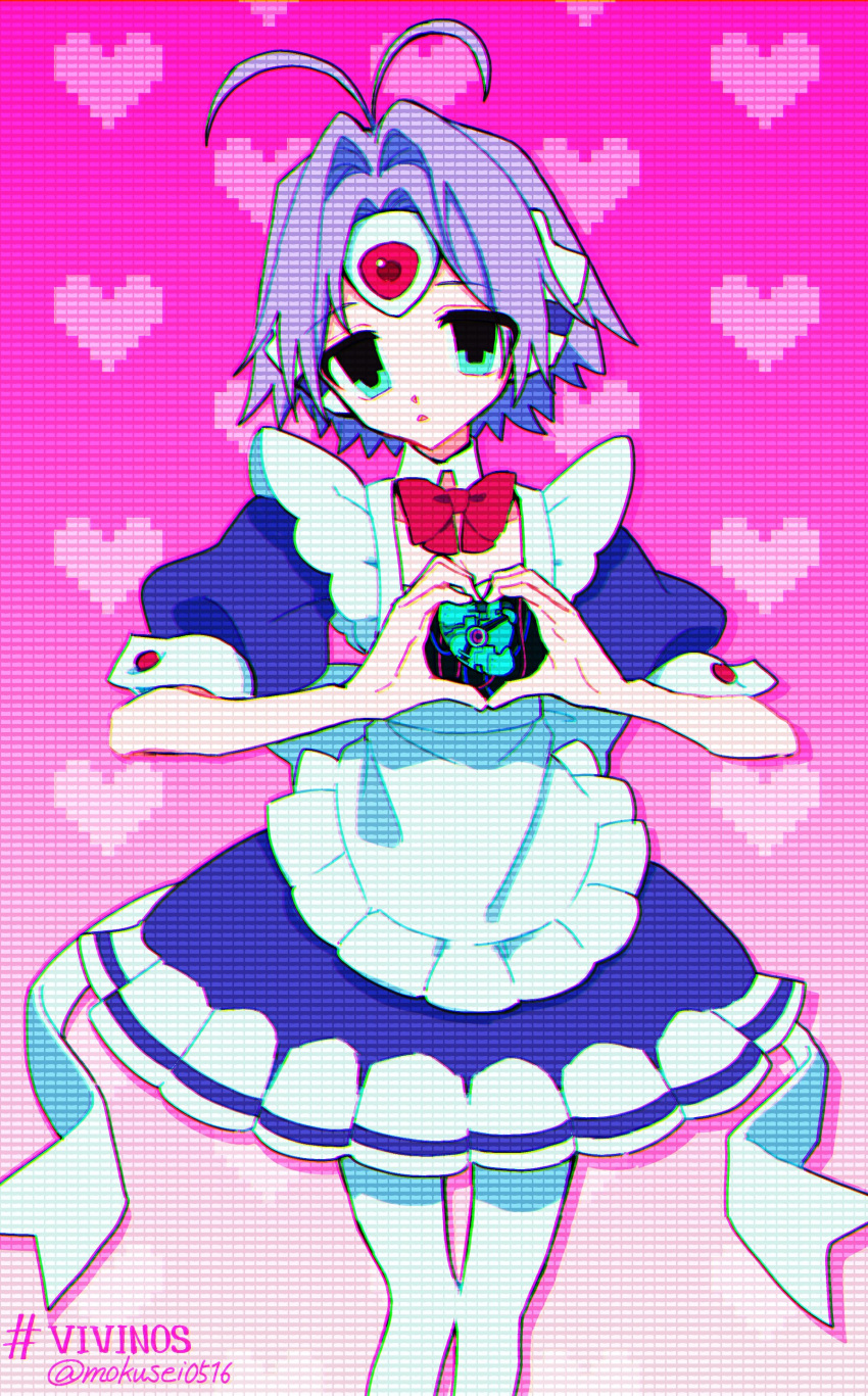 1girl, absurdres, android, antenna_hair, apron, aqua_eyes, blue_dress, bow