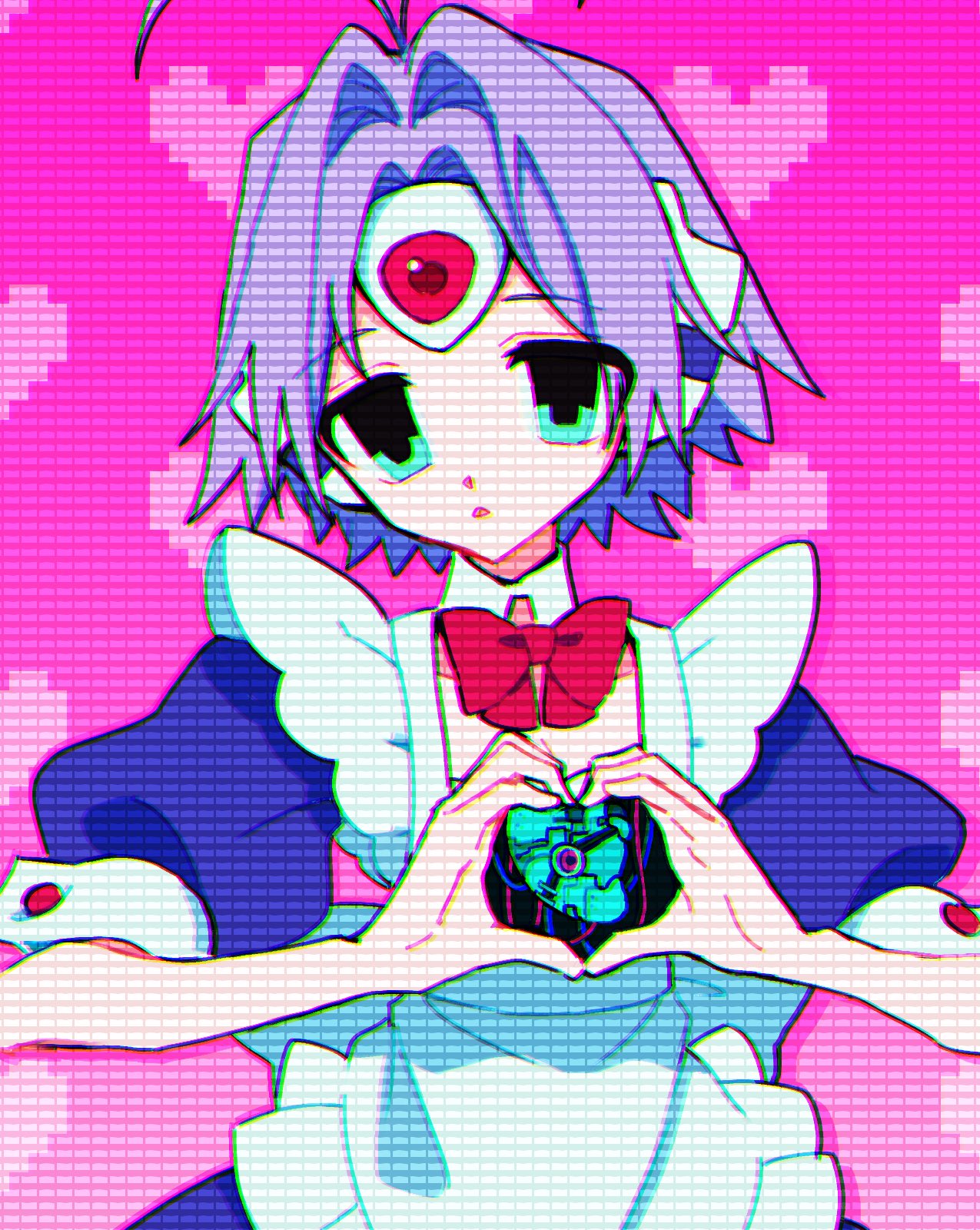 1girl, android, antenna_hair, apron, aqua_eyes, blue_dress, bow, bowtie