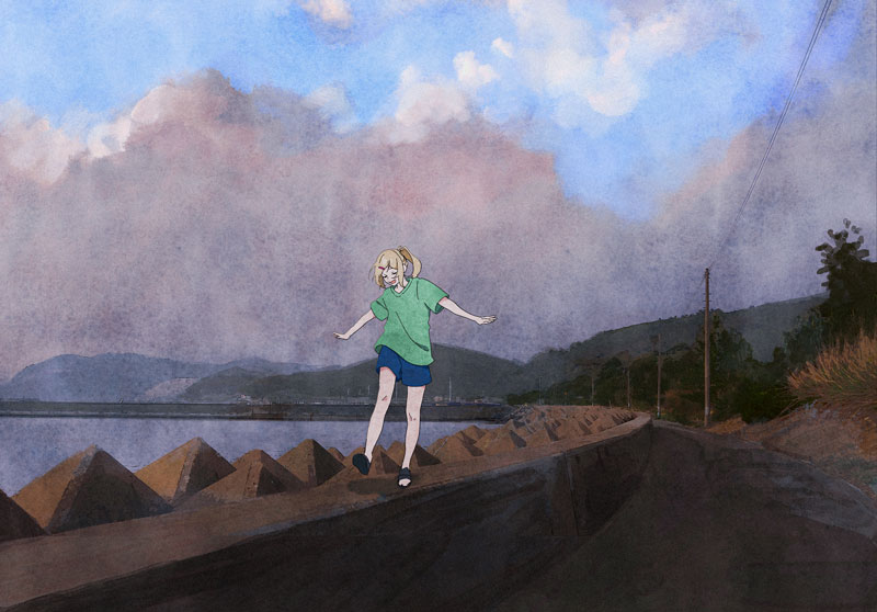 1girl, black_footwear, blonde_hair, blue_shorts, bush, closed_eyes, clouds, day