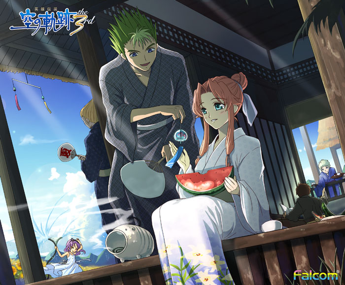 3boys, 3girls, alan_richard, blue_eyes, commentary_request, eiyuu_densetsu, falcom, food
