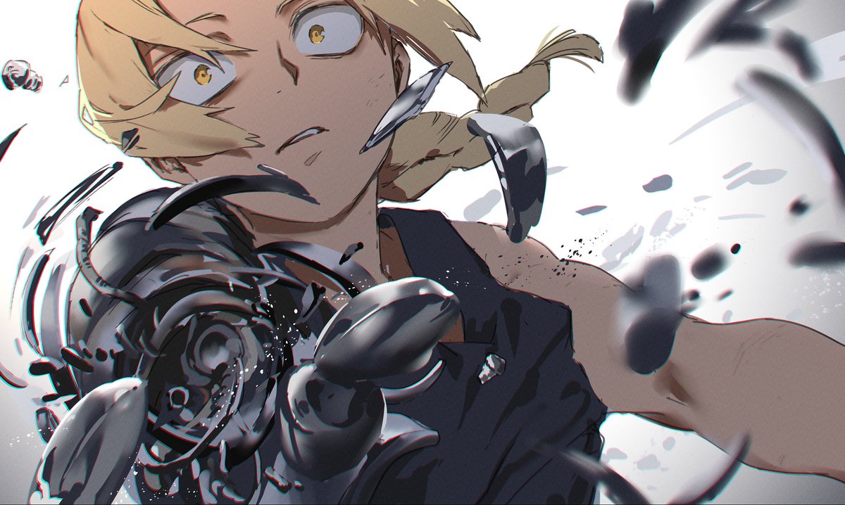 1boy, akiyama_youkou, armor, black_shirt, black_tank_top, blonde_hair, braid, broken_armor, commentary, edward_elric, exposed_internal_machinery, fullmetal_alchemist, male_focus, outstretched_arm, parted_lips, prosthesis, prosthetic_arm, reaching, reaching_towards_viewer, scared, shards, shirt, single_bare_shoulder, single_braid, solo, tank_top, upper_body, white_background, wide-eyed, yellow_eyes