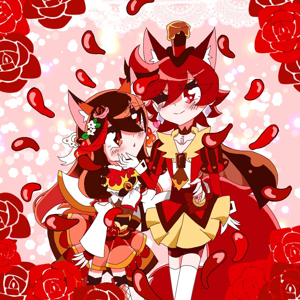 2girls, a_la_mode_mahou_shoujo_precure_evoluting, animal_ear_fluff, animal_ears, arm_ribbon, ascot, belt, bike_shorts_under_skirt, black_belt, black_ribbon, blowing_kiss, bodysuit, braided_hair_rings, brown_bodysuit, brown_cape, brown_eyes, brown_hair, cape, capelet, color_connection, crimson_fingerless_gloves, cure_chocolat, cure_fondente, dark_chocolate, dog_ears, dog_girl, dog_tail, earrings, ery2010akieri, falling_petals, fishnet_thighhighs, fishnets, flower, fox_ears, fox_girl, gloves, hat, jewelry, kedakakino_erika, kenjou_akira, kirakira_precure_a_la_mode, mini_hat, multiple_girls, petals, precure, red_background, red_flower, red_rose, ribbon, rose, rose_petals, tail, thigh-highs, top_hat, white_ascot, white_gloves, white_thighhighs, wrist_cuffs, yellow_ascot, yuri, zettai_ryouiki
