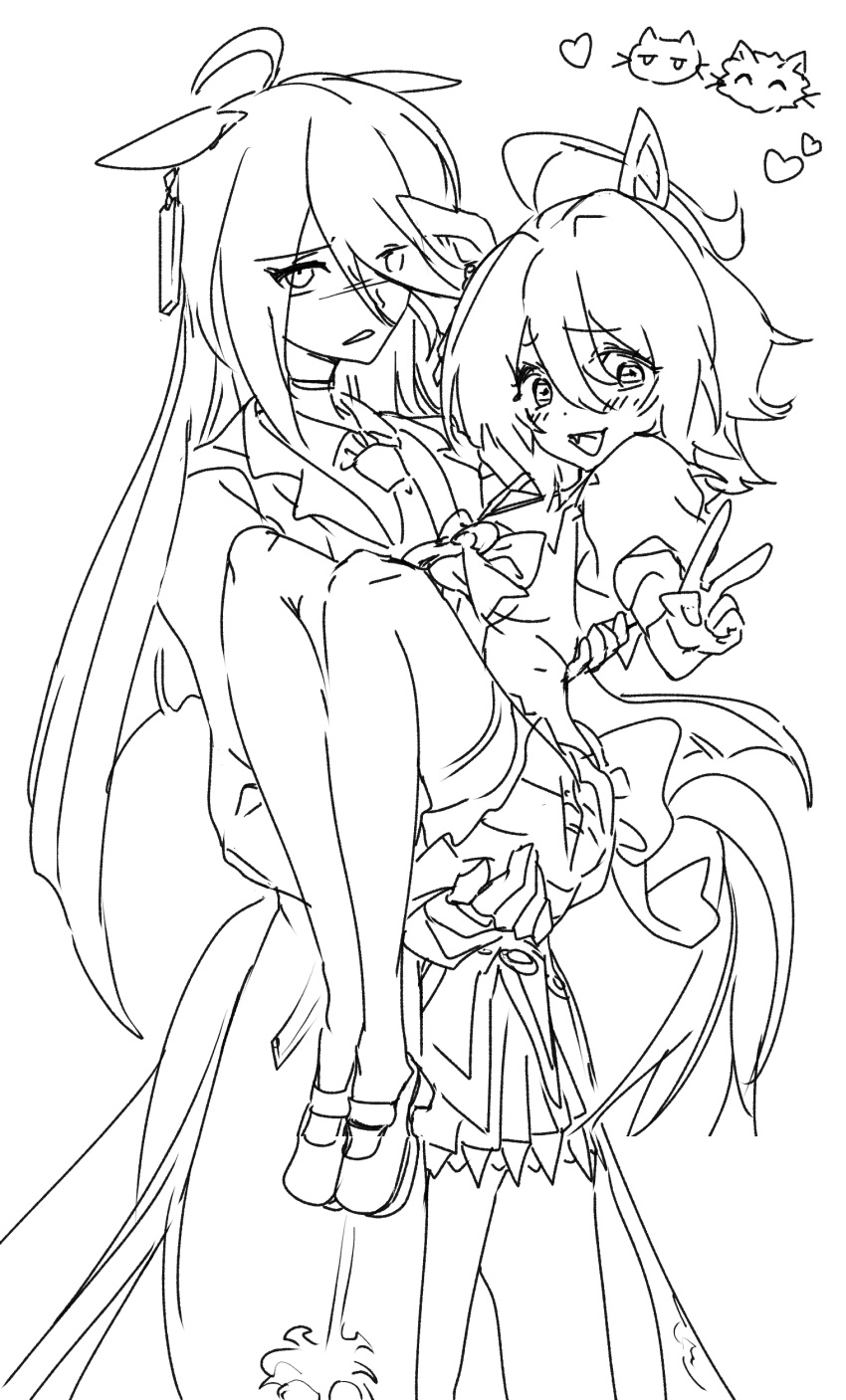 2girls, absurdres, agnes_tachyon_(umamusume), ahoge, animal_ears, annoyed, blush, bow, bowtie, carrying, carrying_person, choker, coat, collared_shirt, ear_tag, earrings, ears_down, eyes_visible_through_hair, frown, greyscale, hair_between_eyes, hand_on_another's_ass, hand_on_another's_back, highres, horse_ears, horse_girl, horse_tail, huge_ahoge, jewelry, kumano_iroha, long_bangs, long_hair, long_hair_between_eyes, long_sleeves, looking_at_viewer, manhattan_cafe_(umamusume), medium_hair, monochrome, multiple_girls, necktie, open_clothes, open_coat, pleated_skirt, princess_carry, puffy_short_sleeves, puffy_sleeves, school_uniform, shirt, short_sleeves, sidelocks, single_earring, skirt, smile, tail, thigh-highs, tracen_school_uniform, umamusume, v, very_long_hair, waist_bow