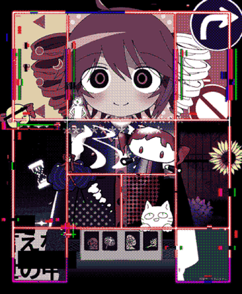 1girl, ahoge, blush, cat, censored, censored_text, character_censor, collage