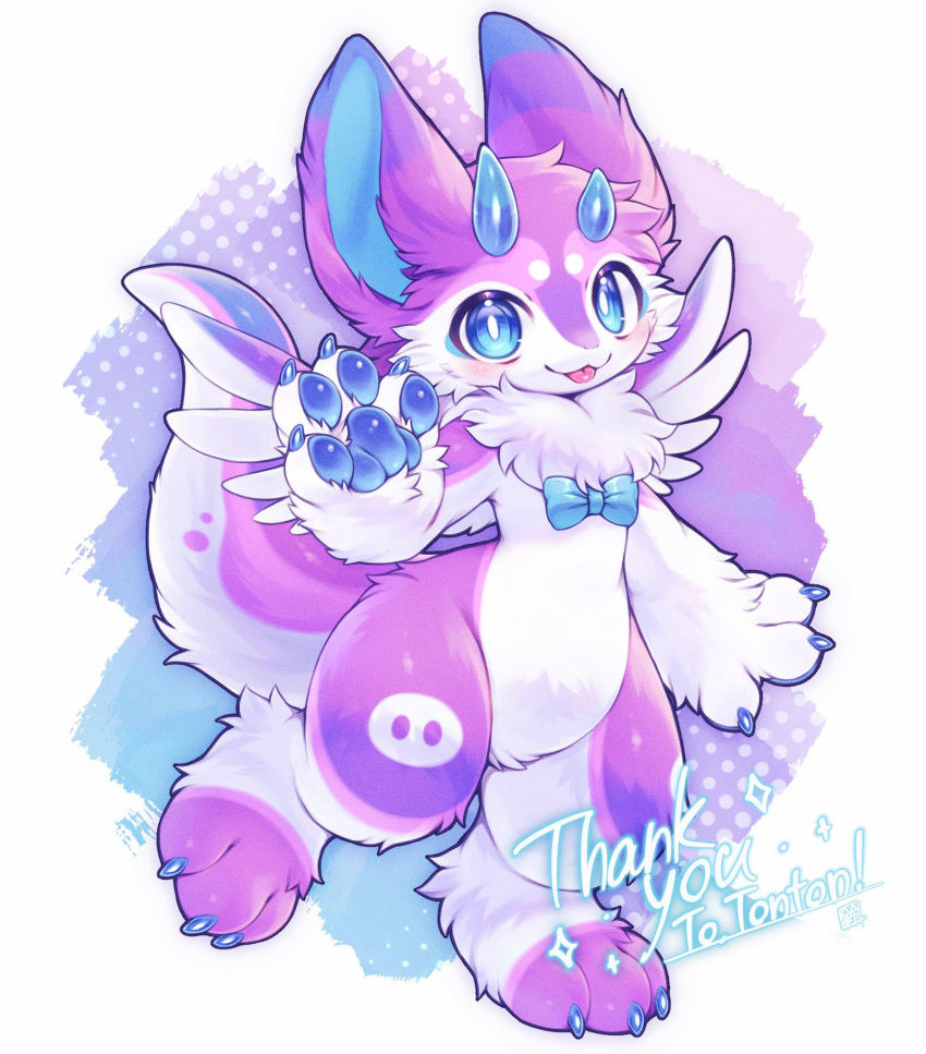 0suzu_illust, 1other, :3, :p, arms_at_sides, asymmetrical_horns, blue_bow, blue_bowtie