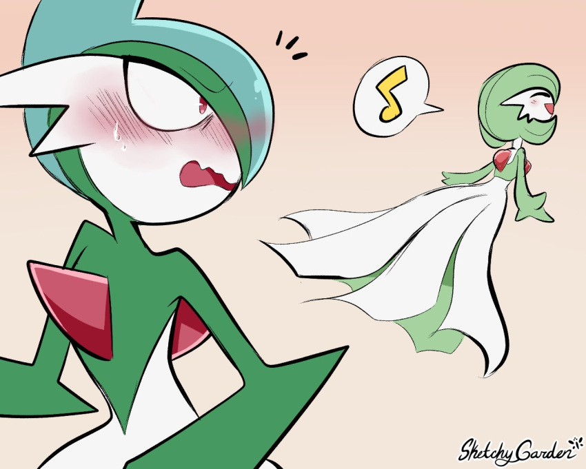artist_name, blush, bob_cut, closed_eyes, colored_skin, dress, gallade, gardevoir