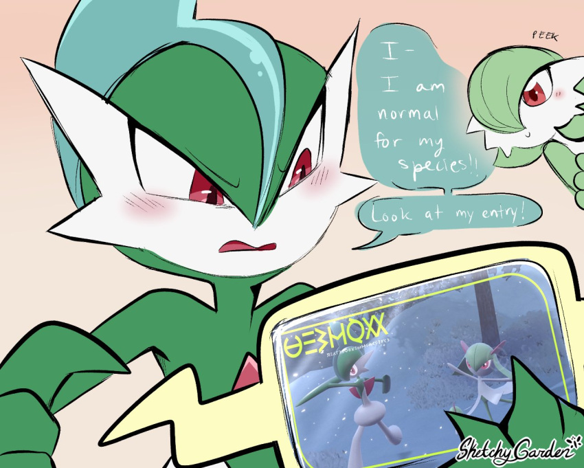 artist_name, blush, bob_cut, cellphone, colored_skin, english_text, gallade, game_screenshot_inset