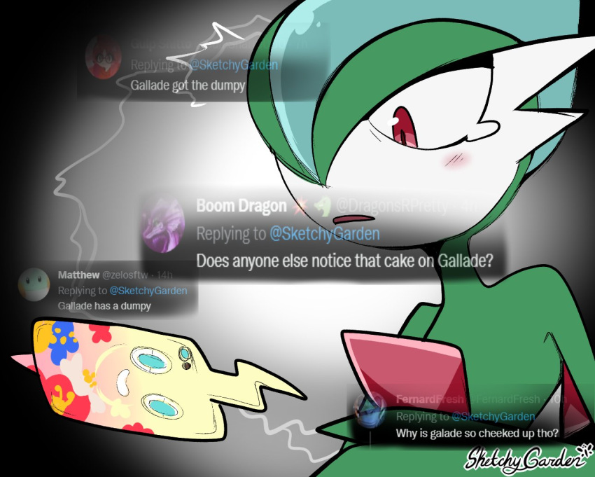 artist_name, blue_eyes, blush, cellphone, colored_skin, gallade, gradient_background, green_skin