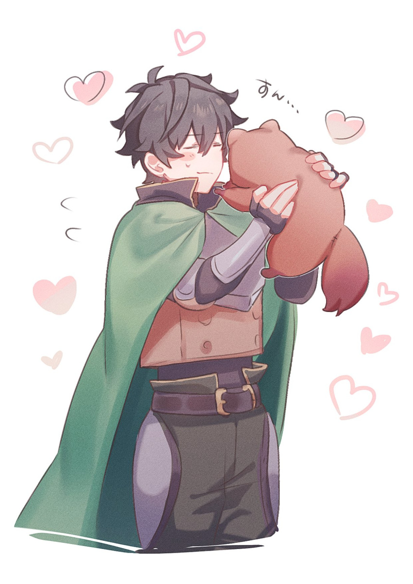 1boy, 1other, animal, armor, belt, black_belt, black_gloves, black_hair
