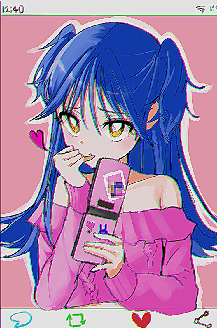 1girl, arrow_(symbol), bare_shoulders, blue_hair, cellphone, flip_phone, heart, holding, holding_phone, like_and_retweet, long_hair, long_sleeves, looking_at_phone, looking_at_viewer, maya_(gpmp3825), minako_(vivinos), phone, pink_bitch_club, pink_sweater, simple_background, sweater, taking_picture, two_side_up, upper_body, yellow_eyes