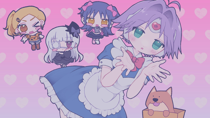 4girls, android, antenna_hair, apron, aqua_eyes, black_dress, black_hat, blonde_hair
