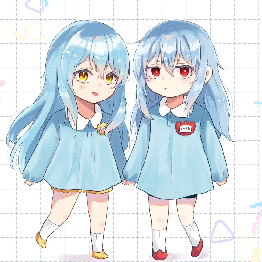 2others, age_regression, aged_down, black_shorts, blue_hair, blue_shirt, blush, child