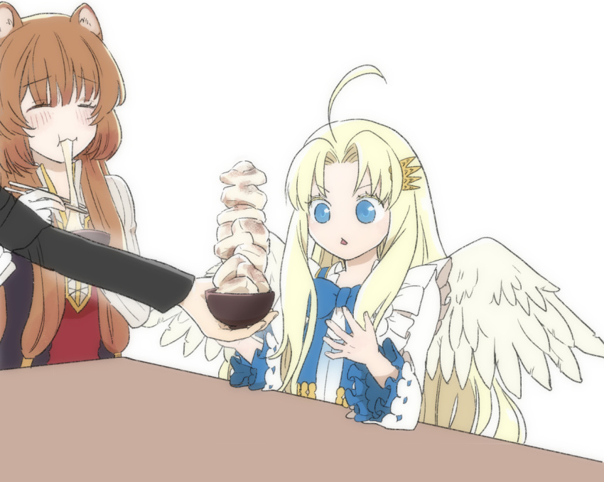 1boy, 2girls, :3, :o, ahoge, animal_ears, black_dress, black_shirt