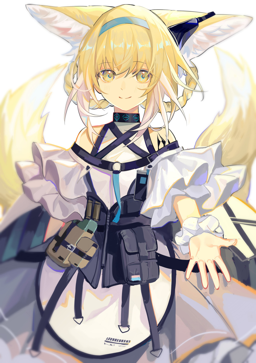 1girl, absurdres, animal_ears, arknights, bare_shoulders, blonde_hair, blue_hairband, blurry, chromatic_aberration, closed_mouth, clothing_cutout, cowboy_shot, eyes_visible_through_hair, frilled_sleeves, frills, grey_skirt, hair_between_eyes, hairband, hannhi_1005, highres, infection_monitor_(arknights), making-of_available, material_growth, multicolored_hair, oripathy_lesion_(arknights), outstretched_arm, pouch, reaching, reaching_towards_viewer, shirt, short_sleeves, shoulder_cutout, skirt, smile, solo, split_mouth, standing, strap, streaked_hair, suzuran_(arknights), tail, white_background, white_hair, white_shirt, white_tail, wrist_cuffs, yellow_eyes, yellow_tail