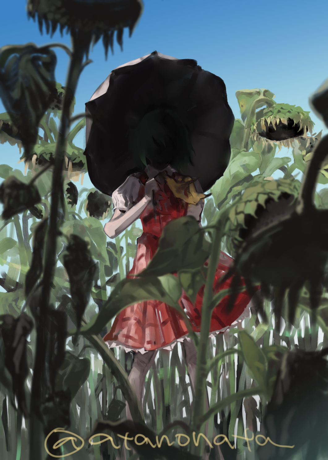 1girl, ascot, blue_sky, clear_sky, commentary_request, day, faceless, faceless_female