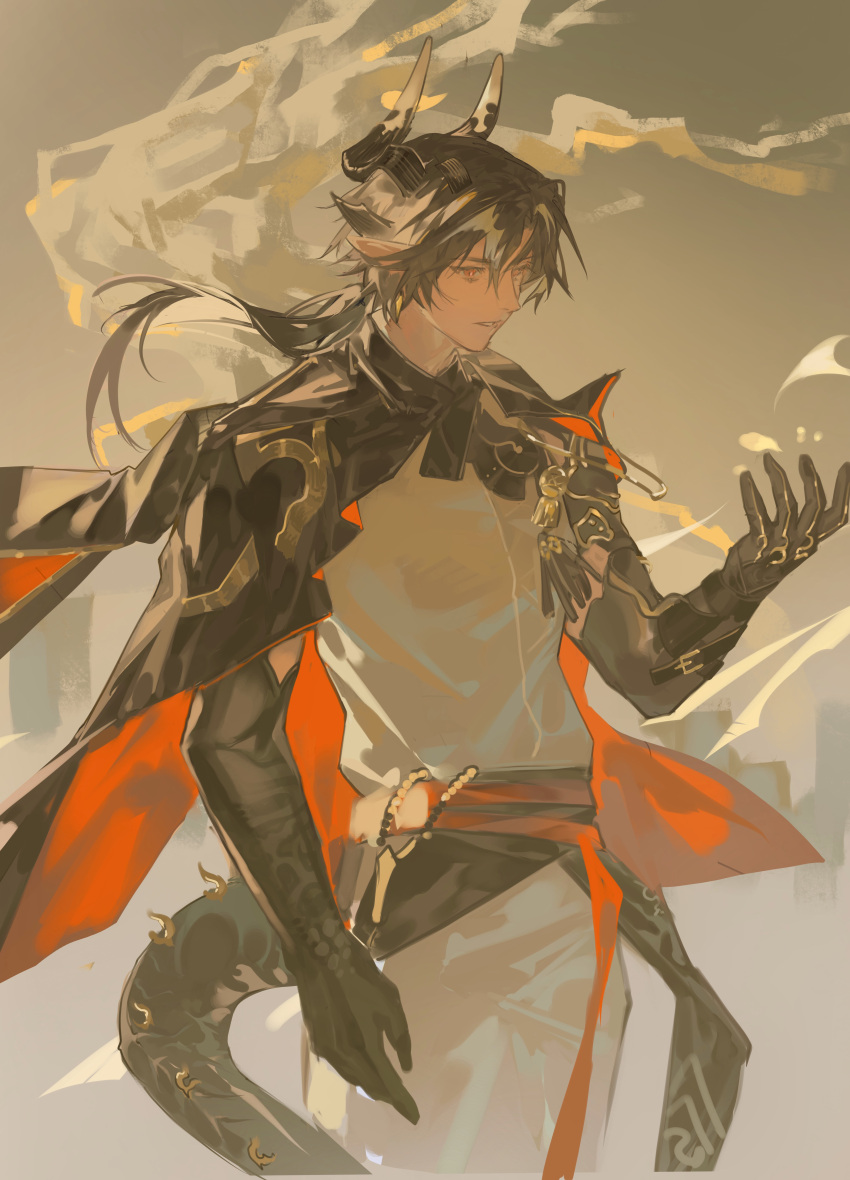 1boy, absurdres, arknights, black_hair, black_jacket, black_tail, chinese_commentary, chong_yue_(arknights)