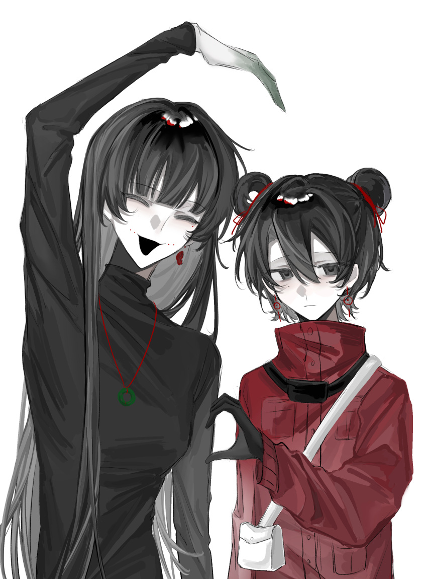2girls, absurdres, bing_(ruandoudou87327), black_eyes, black_gloves, black_hair, black_sweater, blunt_bangs, breasts, chinese_commentary, closed_mouth, colored_eyelashes, commentary_request, earrings, flat_chest, gloves, green_eyes, hair_between_eyes, hair_bun, hair_ribbon, heart_arms_failure, heart_hands_failure, heterochromia, high_collar, highres, jacket, jewelry, li_yuting_(female), long_hair, long_sleeves, medium_breasts, mole, mole_under_each_eye, mole_under_eye, multiple_girls, multiple_moles, naihe_(touqi_guaitan)_(female), necklace, open_mouth, red_jacket, red_ribbon, ribbon, short_hair, simple_background, single_earring, single_hair_bun, single_hair_ring, smile, sweater, touqi_guaitan, turtleneck, turtleneck_sweater, upper_body, white_background, white_bag