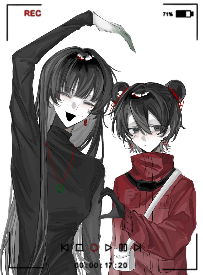 2girls, absurdres, bing_(ruandoudou87327), black_eyes, black_gloves, black_hair, black_sweater, blunt_bangs, breasts, chinese_commentary, closed_mouth, colored_eyelashes, commentary_request, earrings, flat_chest, gloves, green_eyes, hair_between_eyes, hair_bun, hair_ribbon, heart_arms_failure, heart_hands_failure, heterochromia, high_collar, highres, jacket, jewelry, li_yuting_(female), long_hair, long_sleeves, medium_breasts, mole, mole_under_each_eye, mole_under_eye, multiple_girls, multiple_moles, naihe_(touqi_guaitan)_(female), necklace, open_mouth, red_jacket, red_ribbon, ribbon, short_hair, single_earring, single_hair_bun, single_hair_ring, smile, sweater, touqi_guaitan, turtleneck, turtleneck_sweater, upper_body, white_background, white_bag