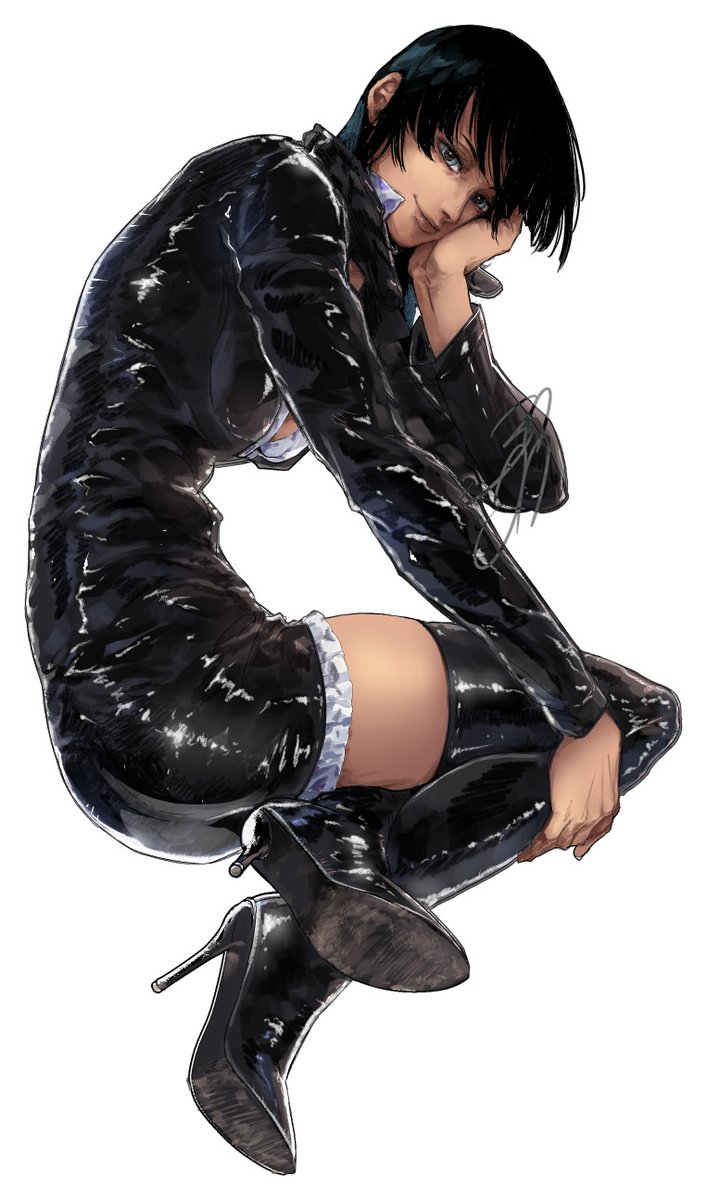 1girl, arm_on_own_leg, black_dress, black_footwear, black_hair, blue_eyes, boots, closed_mouth, collared_dress, commentary, deadjuice, dress, english_commentary, frilled_dress, frills, hair_behind_ear, hand_on_own_face, head_rest, high_heel_boots, high_heels, highres, knees_up, leather_dress, long_sleeves, looking_at_viewer, nico_robin, one_piece, shiny_clothes, shirt, short_dress, signature, simple_background, smile, solo, thigh-highs, undershirt, white_background, white_shirt