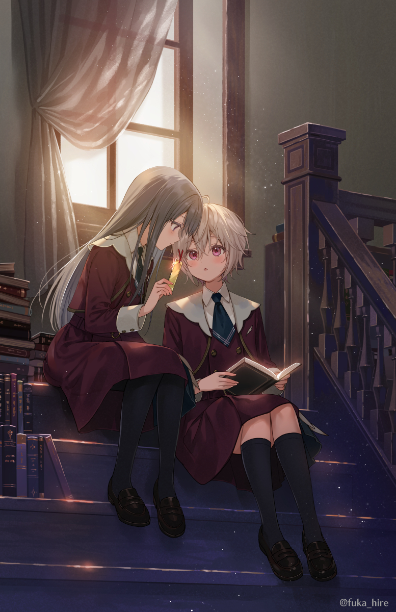 2girls, blush, book, book_stack, bookmark, brown_hair, collared_shirt, curtains