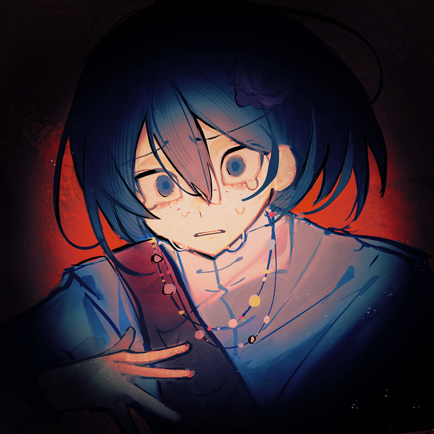 1boy, bead_necklace, beads, blue_eyes, blue_hair, blue_shirt, chinese_commentary, commentary_request