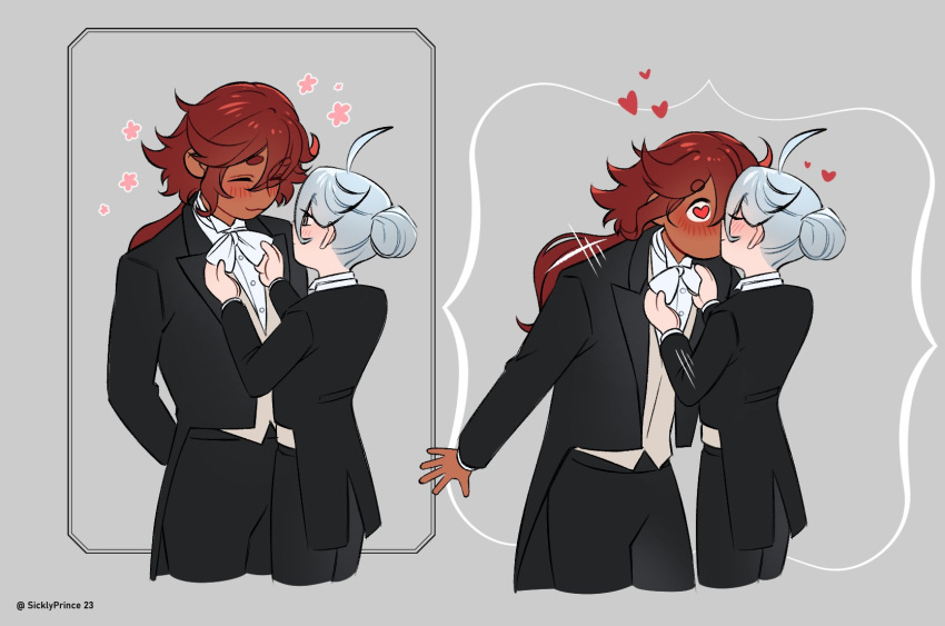2girls, ahoge, alternate_hairstyle, artist_name, blush, bow, bowtie, closed_eyes