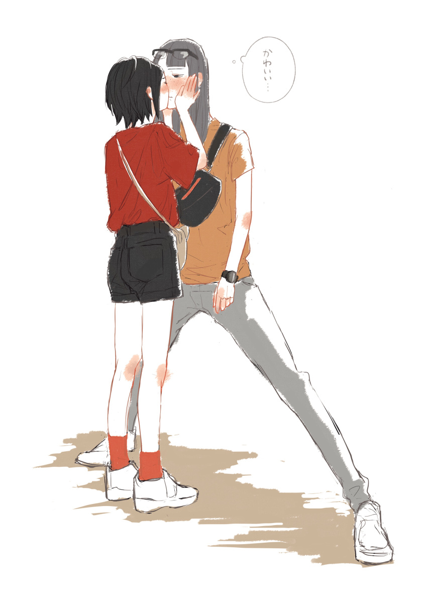 2girls, absurdres, asakusa_midori, asymmetrical_bangs, bag, black-framed_eyewear, black_hair, black_shorts