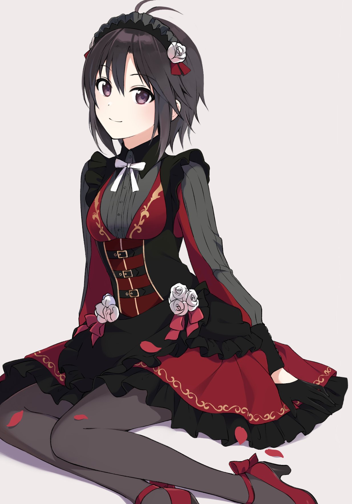 1girl, a1001047591, antenna_hair, black_eyes, black_gloves, black_hair, black_pantyhose, breasts