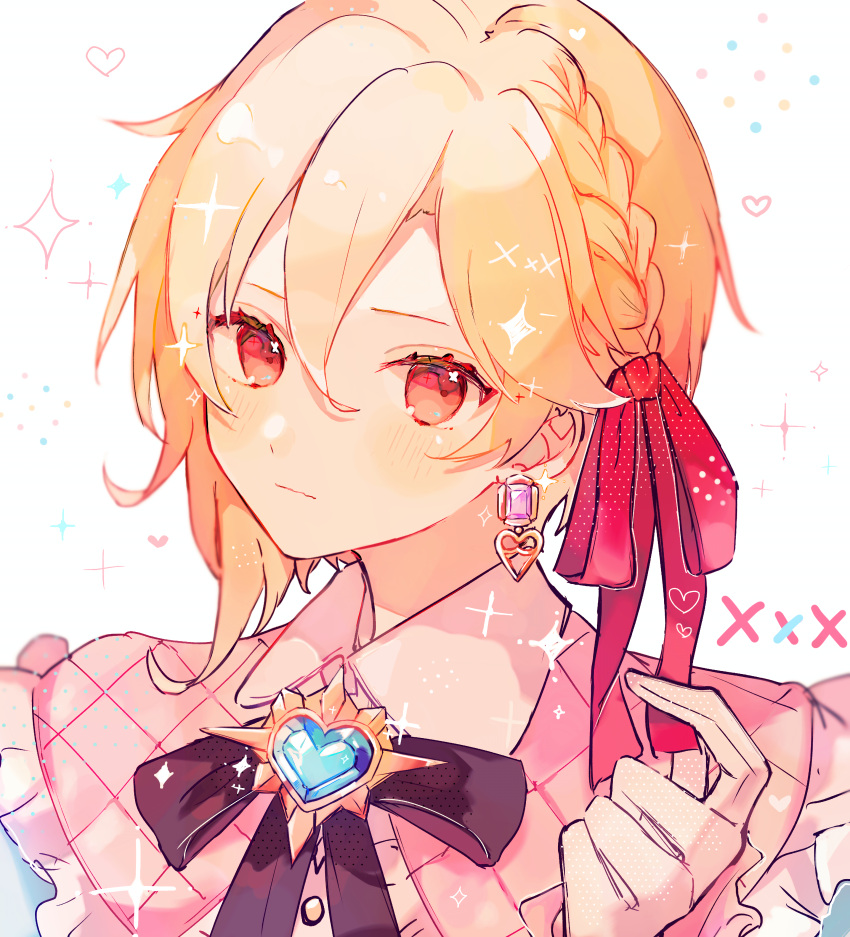 1boy, absurdres, adjusting_clothes, adjusting_headwear, black_bow, black_bowtie, blonde_hair, blue_gemstone, bow, bowtie, braid, brooch, close-up, closed_mouth, collar, crown_braid, doodle_inset, double-parted_bangs, earrings, ensemble_stars!, expressionless, frilled_collar, frills, gem, gloves, hair_between_eyes, hair_ribbon, hand_up, heart, heart-shaped_gem, heart_brooch, heart_earrings, highres, jewelry, light_blush, looking_at_viewer, male_focus, nito_nazuna, nito_nazuna_(cross_x_mark), otoko_no_ko, pink_collar, puritan_collar, red_eyes, red_ribbon, ribbon, sideways_glance, simple_background, single_earring, single_sidelock, solo, sparkle, three_quarter_view, wejz2727, white_background, white_gloves, wing_collar, yami_kawaii