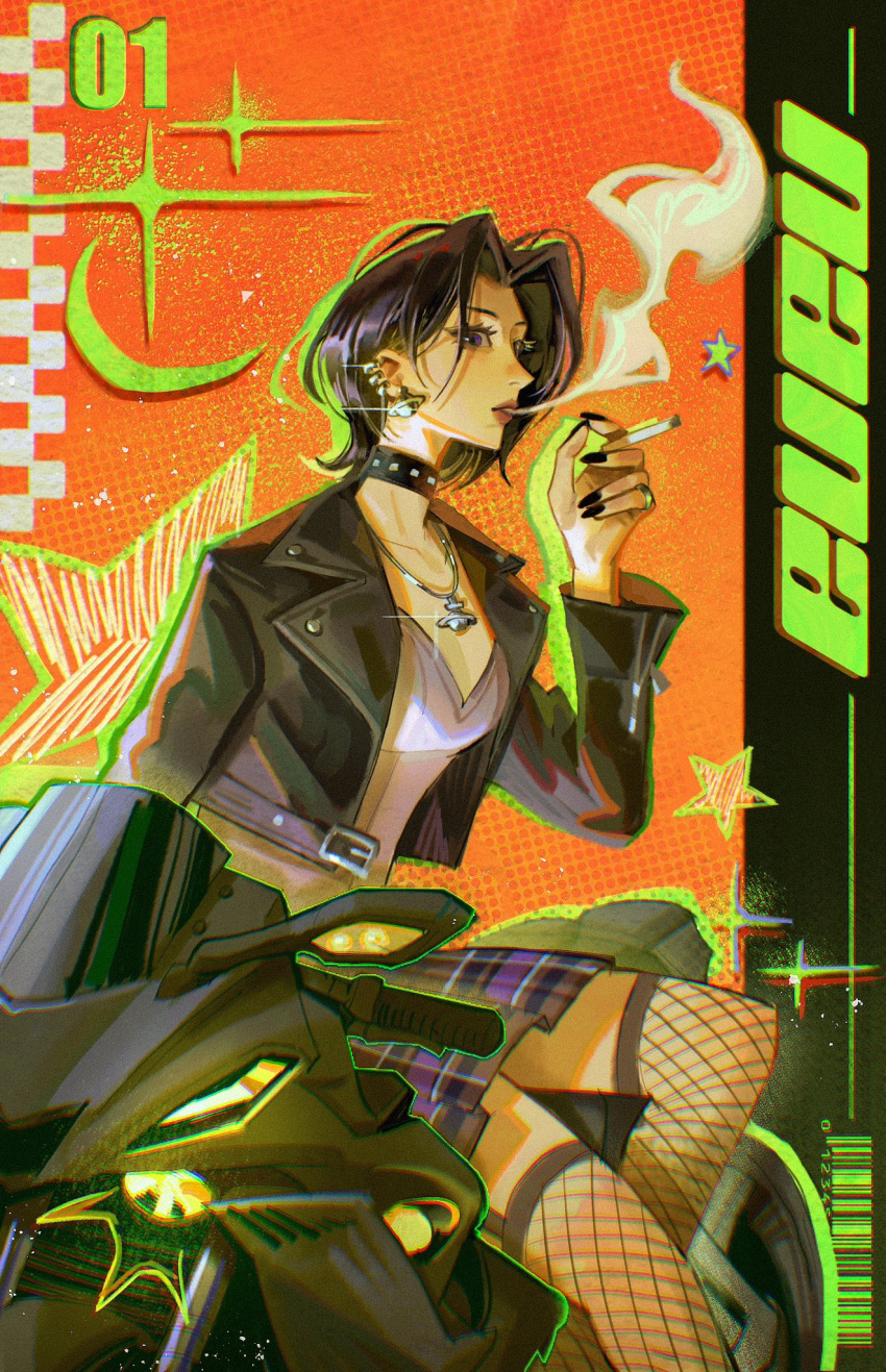1girl, barcode, black_choker, black_hair, blowing_smoke, character_name, choker, cigarette