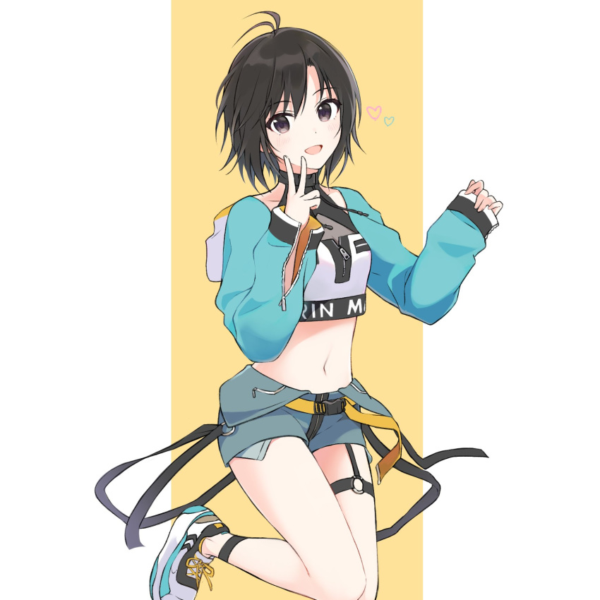 1girl, :d, a1001047591, antenna_hair, belt, black_eyes, black_hair, black_straps