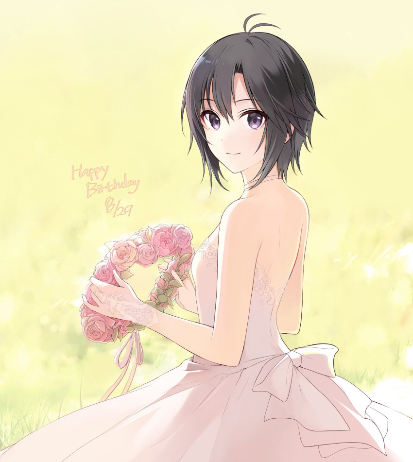 1girl, a1001047591, antenna_hair, bare_shoulders, black_eyes, black_hair, breasts, choker