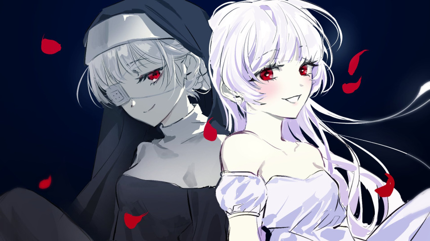 2girls, black_background, black_dress, breasts, charlotte_(vivinos), detached_sleeves, dress, dual_persona, eyepatch, falling_petals, grin, habit, highres, long_hair, long_sleeves, looking_at_viewer, medical_eyepatch, medium_breasts, multiple_girls, nun, pale_skin, petals, pink_bitch_club, puffy_detached_sleeves, puffy_short_sleeves, puffy_sleeves, red_eyes, red_petals, rose_petals, short_sleeves, simple_background, smile, traditional_nun, twice12314, white_dress, white_hair
