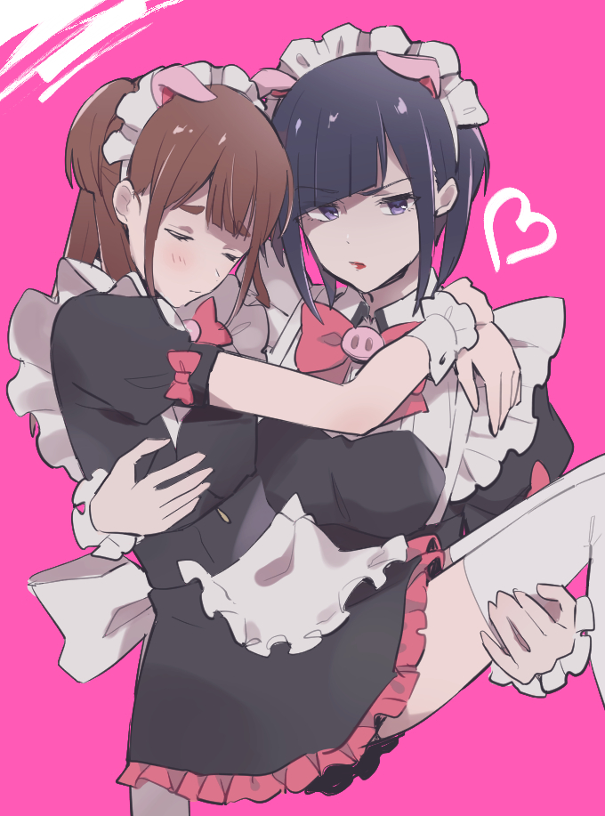 2girls, akiba_maid_sensou, animal_ear_headwear, animal_ears, apron, arms_around_neck, black_dress, blue_hair