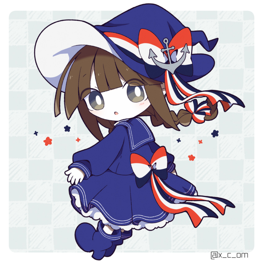 1girl, anchor_hat_ornament, back_bow, blue_bow, blue_footwear, blue_hat, blue_sailor_collar, blue_shirt