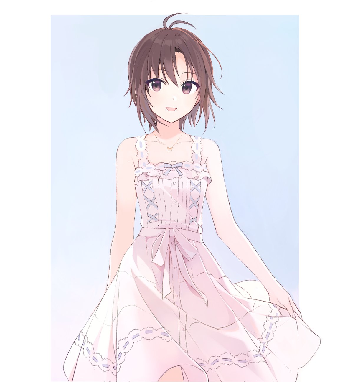 1girl, :d, a1001047591, antenna_hair, bare_shoulders, black_eyes, black_hair, blue_ribbon