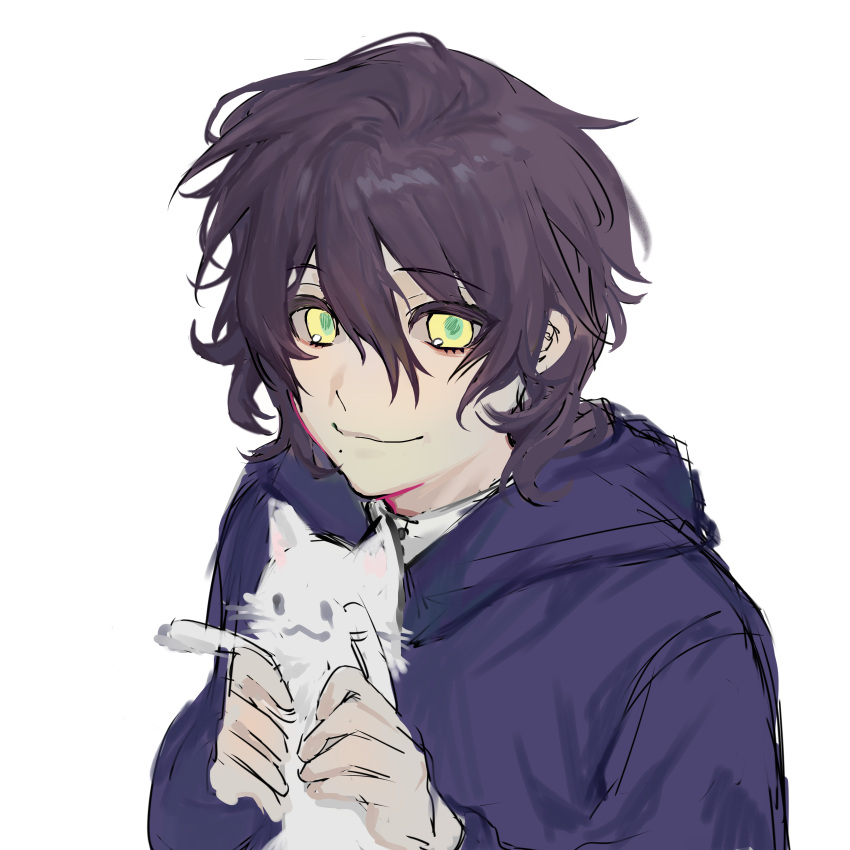1boy, absurdres, animal, black_hair, cat, closed_mouth, green_pupils, hair_between_eyes