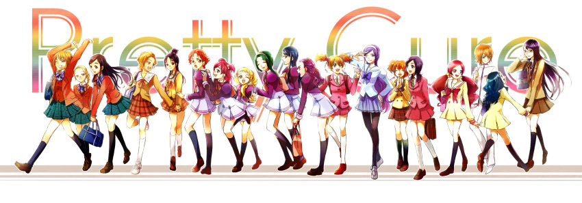 akimoto_komachi, aono_miki, black_hair, black_legwear, blonde_hair, blue_eyes, blue_hair, brown_hair