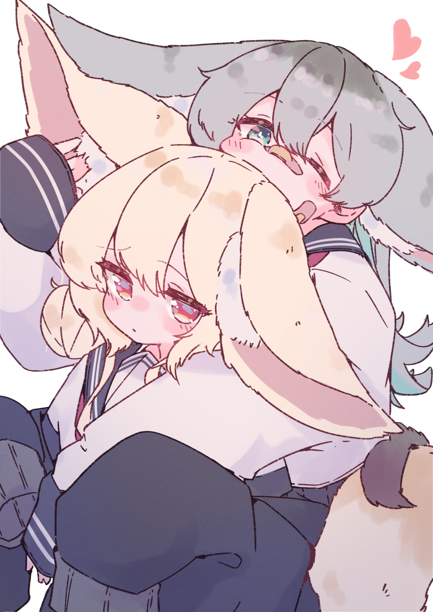 2girls, absurdres, animal_ear_fluff, animal_ears, arms_on_another's_shoulder, bandaid, bandaid_on_cheek, bandaid_on_face, bandaid_on_nose, blonde_hair, double-parted_bangs, double_bun, droopy_ears, fox_ears, fox_girl, fox_tail, grey_hair, grey_jacket, grey_sailor_collar, hair_bun, hand_on_another's_ear, heart, highres, hug, hug_from_behind, jackal_ears, jackal_girl, jackal_tail, jacket, large_ears, long_hair, long_sleeves, looking_at_viewer, megateru, multiple_girls, one_eye_closed, original, red_eyes, sailor_collar, school_uniform, serafuku, shirt, simple_background, sleeves_past_fingers, sleeves_past_wrists, tail, white_background, white_shirt, yuri