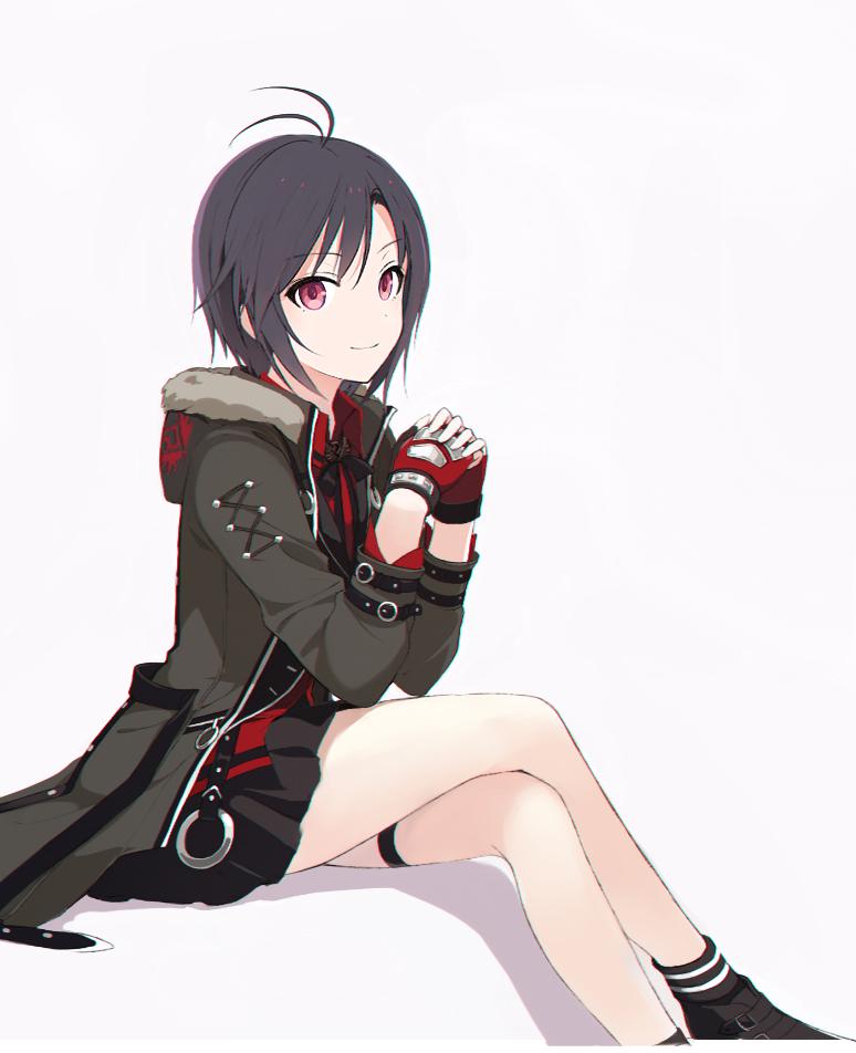 1girl, a1001047591, antenna_hair, black_footwear, black_hair, black_skirt, closed_mouth, collar