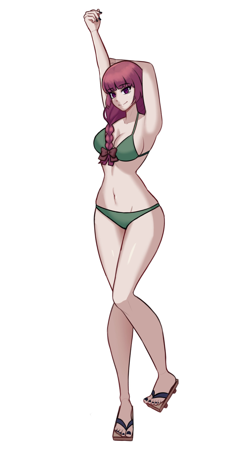 1girl, absurdres, bikini, blunt_bangs, bocchi_the_rock!, braid, full_body, green_bikini, highres, hiroi_kikuri, navel, pindoragon, purple_hair, single_braid, solo, swimsuit, violet_eyes, white_background