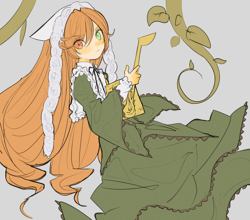 1girl, blush, brown_hair, dress, green_dress, green_eyes, highres, holding