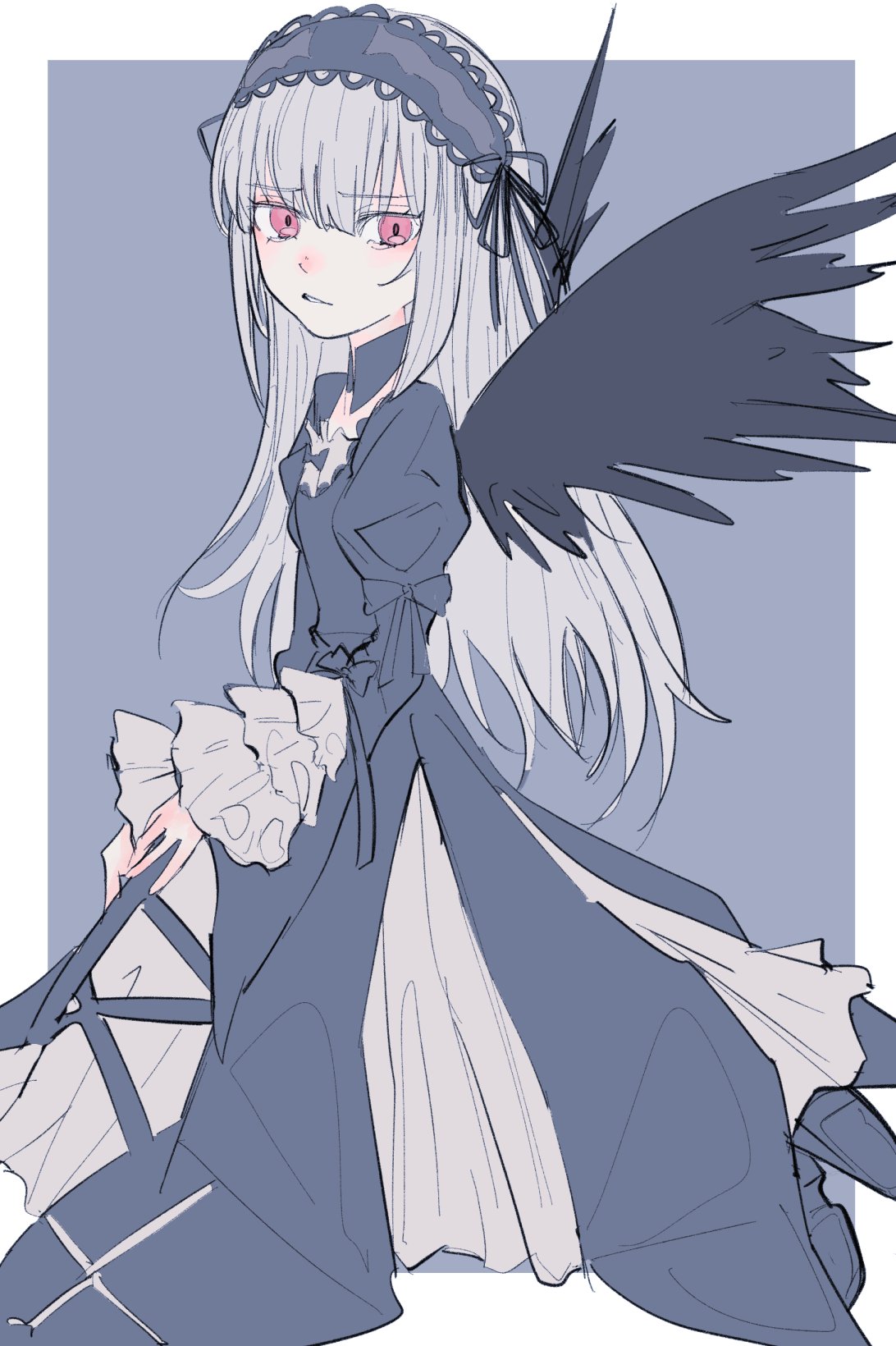 1girl, black_dress, black_wings, dress, grey_hair, hairband, highres, lolita_fashion