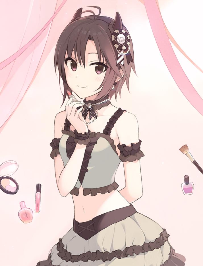 1girl, a1001047591, antenna_hair, arm_behind_back, black_eyes, black_hair, breasts, closed_mouth